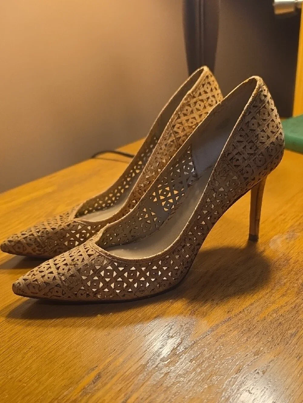 Ann Taylor Taupe Laser-Cut Pointed Pumps